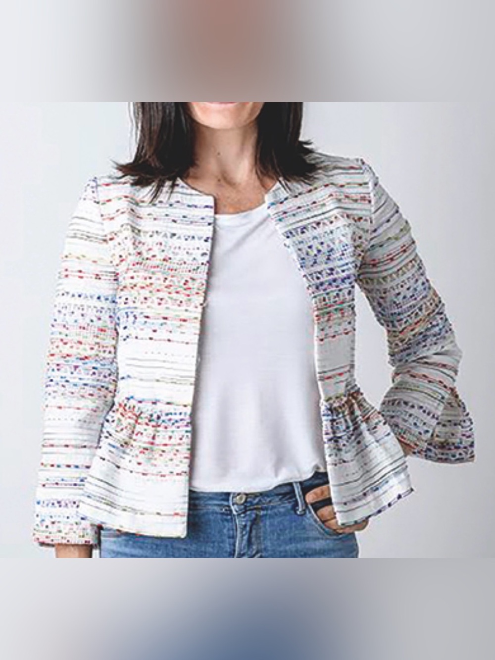 Zara Women’s White Multi-Stripe Peplum Blazer - Small